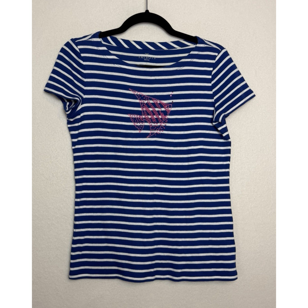 Talbots Womens Navy Blue White Striped Short Sleeve Shirt Size SP Pink Bead Fish